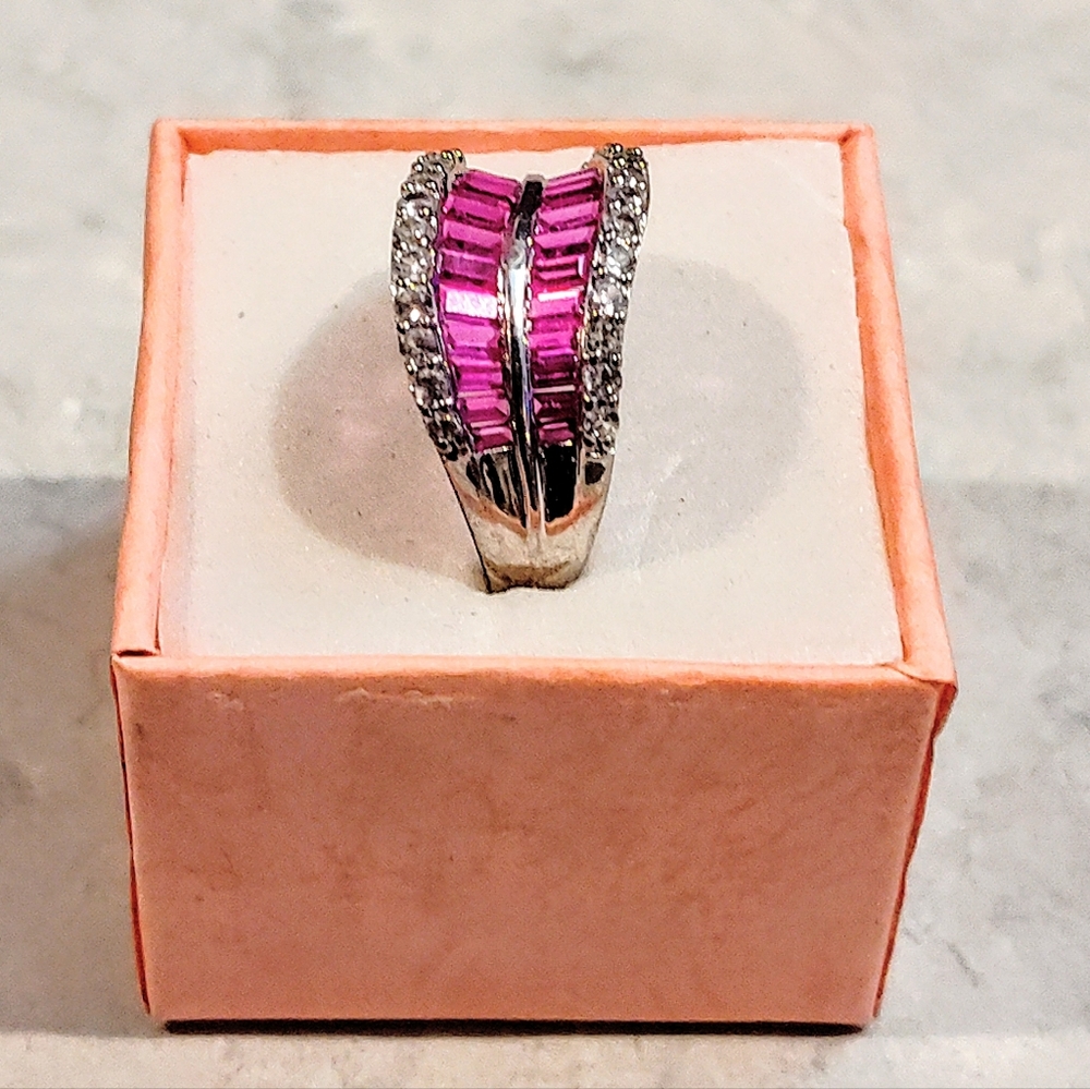 STERLING SILVER RUBY & DIAMOND RING BAGUETTE CUT RUBY & ROUND CUT DIAMONDS 8½ - Picture 6 of 16